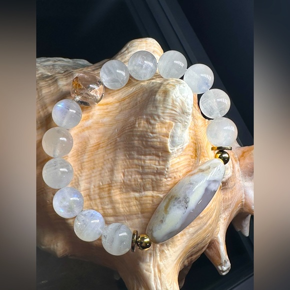 MOONSTONE + DENDRITIC AGATE + PHANTOM NATURAL BRACELET SIZE 7” - Picture 1 of 15